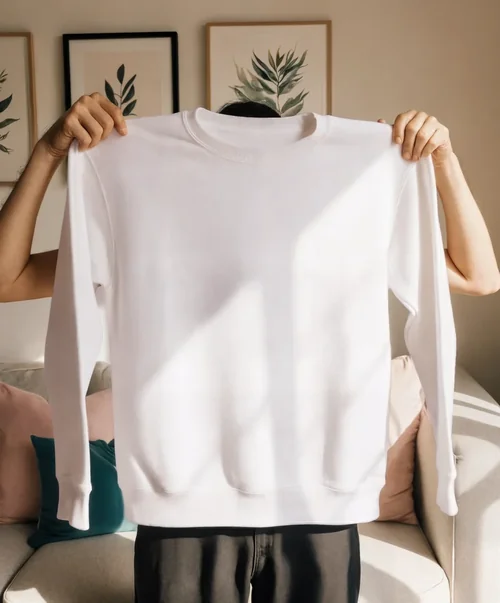 Cozy Mockup of a Plain White Sweatshirt in Indoor Setting