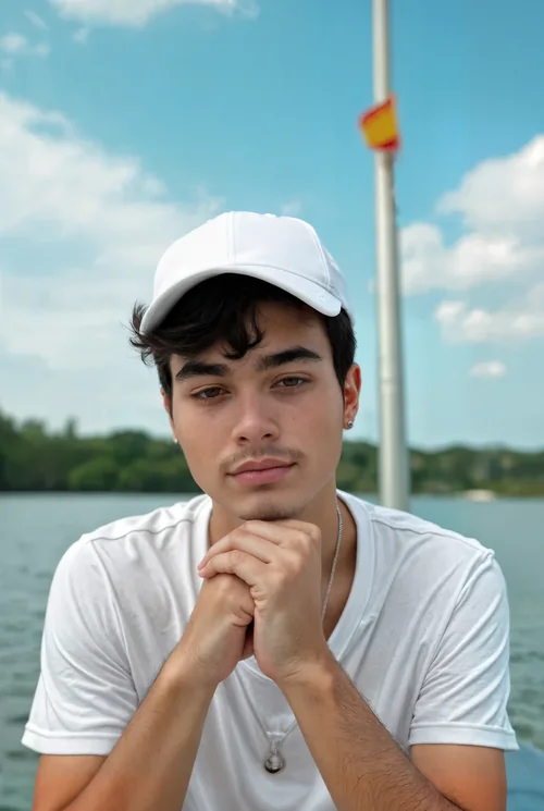 Serene Hat Mockup of Young Man by Water