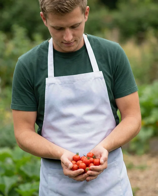 Young Man in Garden with Apron Holding Ripe Tomatoes Mockup