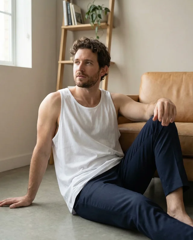 Casual Young Man in White Tank Top Mockup at Home