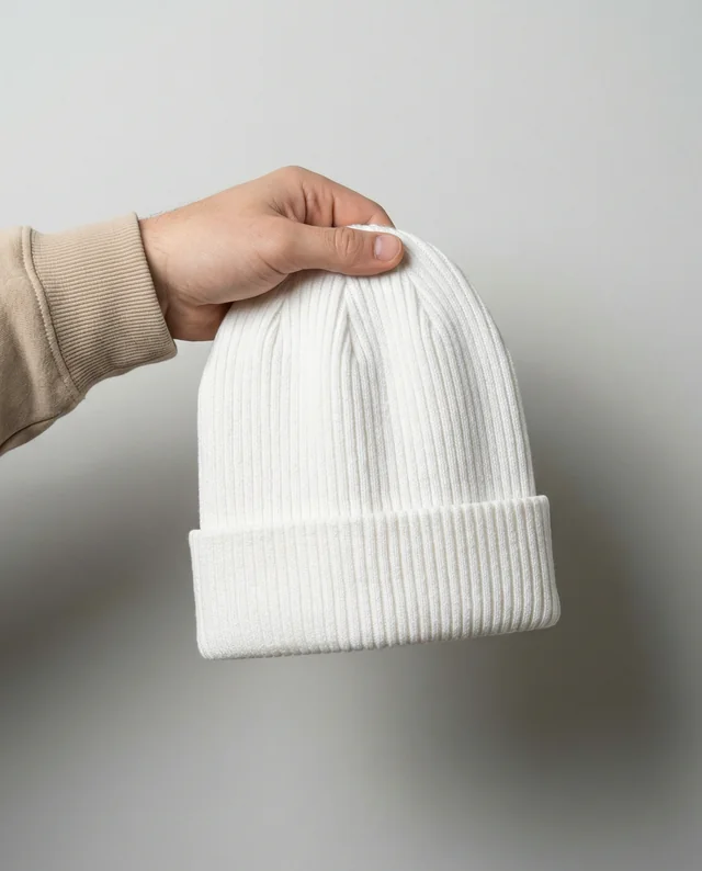 Stylish Mockup of a White Ribbed Knit Beanie in Hand