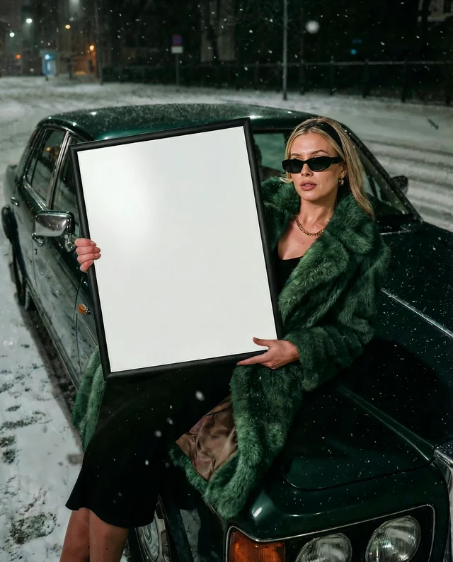 Elegant Mockup Poster of Stylish Woman in Snowy Scene