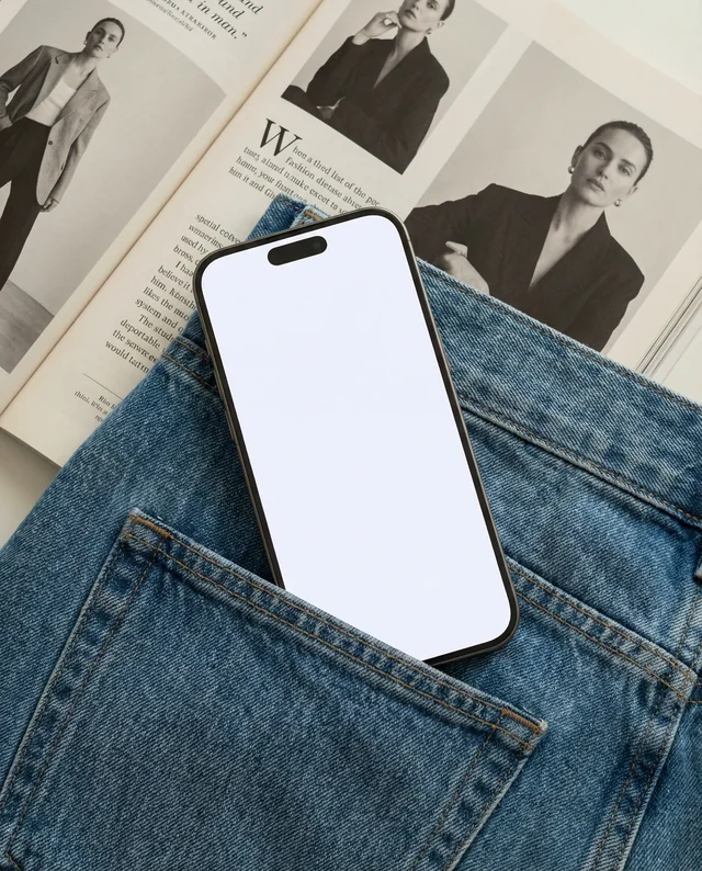 Stylish iPhone Mockup in Denim Jeans Flat Lay Image
