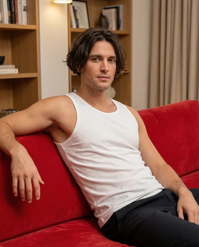 Casual Young Man in White Tank Top Mockup on Sofa
