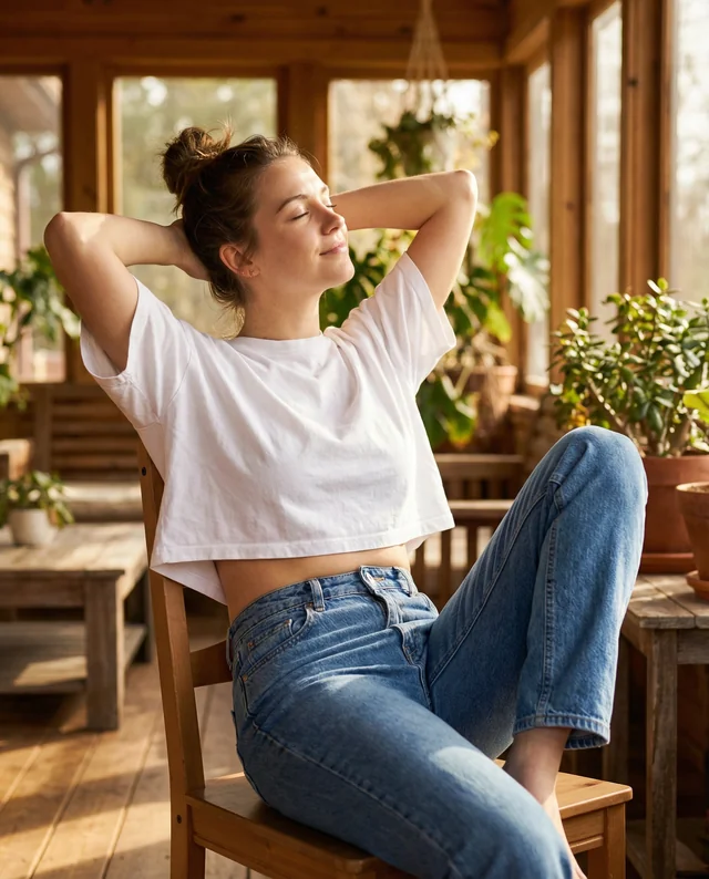 Cozy Mockup of Woman in Crop Top and Relaxed Vibe