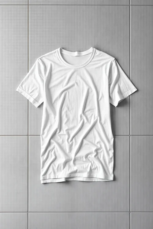 Mockup of Minimalist White T-Shirt on Gray Tiled Surface