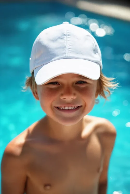 Cheerful Boy Hat Mockup by Sparkling Pool