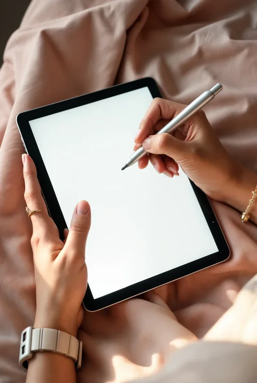 Elegant iPad Mockup with Woman in Serene Workspace