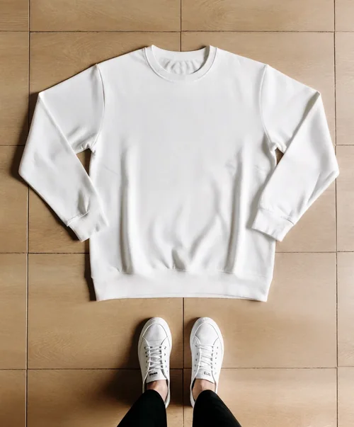 Minimalist Mockup of a White Sweatshirt on Wood Floor