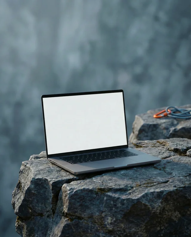 Adventure Mockup of MacBook on Rugged Rock Ledge