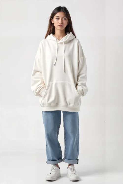 Minimalist Mockup of a Confident Woman in Beige Hoodie