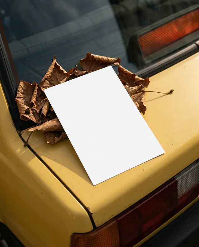 Artistic Mockup of Flyer on Yellow Car Trunk with Leaves