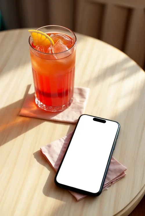 Modern iPhone Mockup with Aperol Spritz on Table