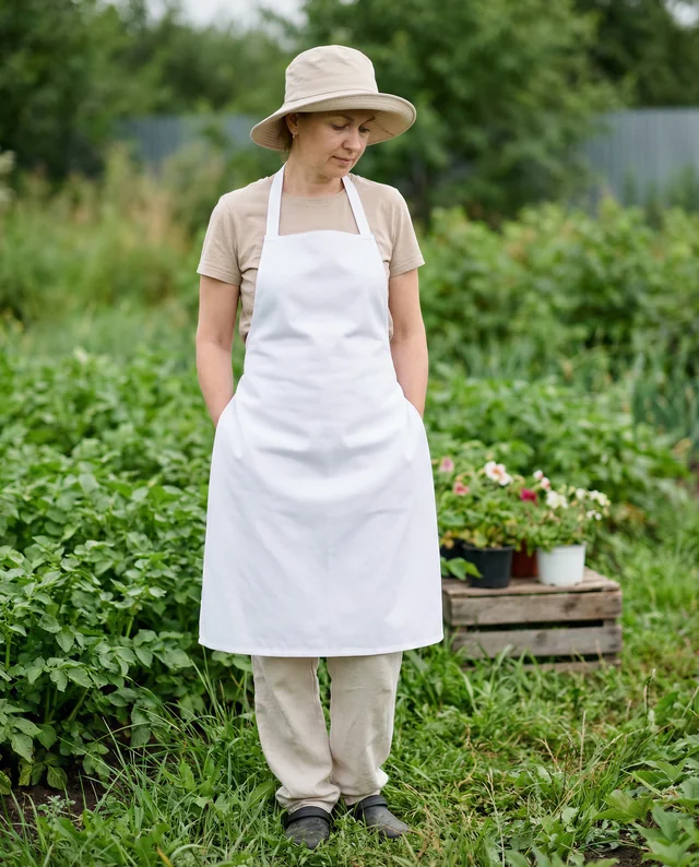 Woman in White Apron Mockup in Lush Garden Setting