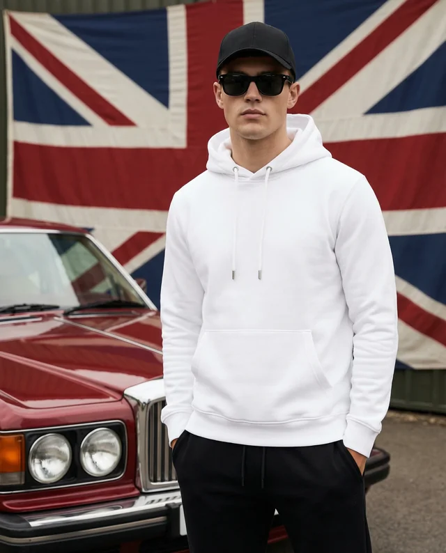 Stylish Hoodie Mockup with Luxury Car and Union Jack