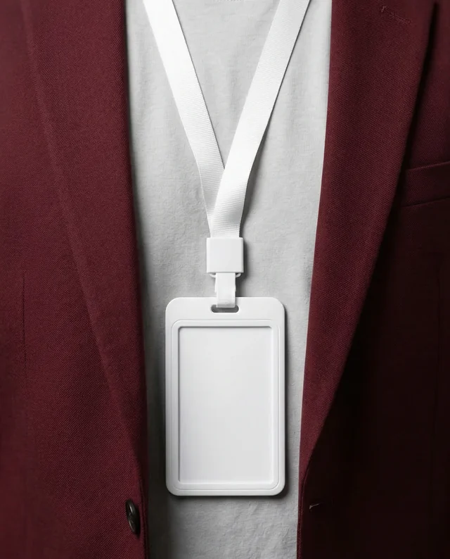 Stylish ID Card Mockup with Maroon Blazer and Lanyard