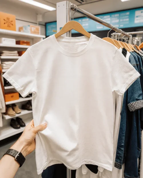 Stylish T-Shirt Mockup on Wooden Hanger in Retail Store