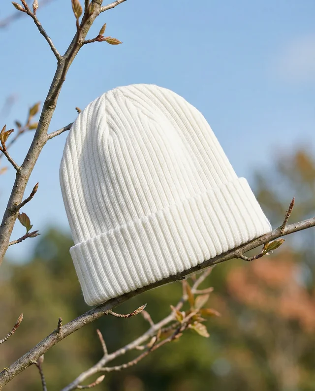 Cozy White Ribbed Beanie Mockup on Bare Tree Branch