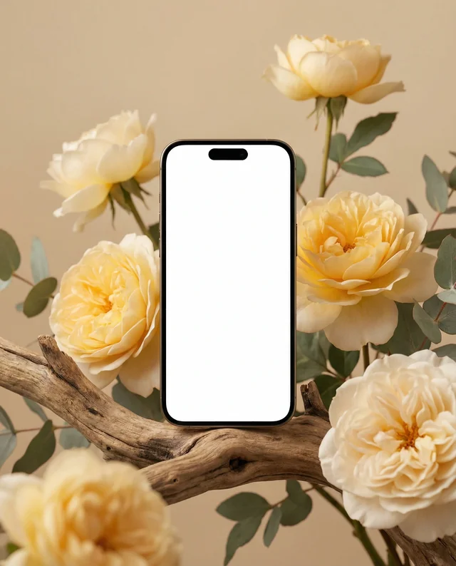 Elegant iPhone Mockup with Yellow Roses and Eucalyptus