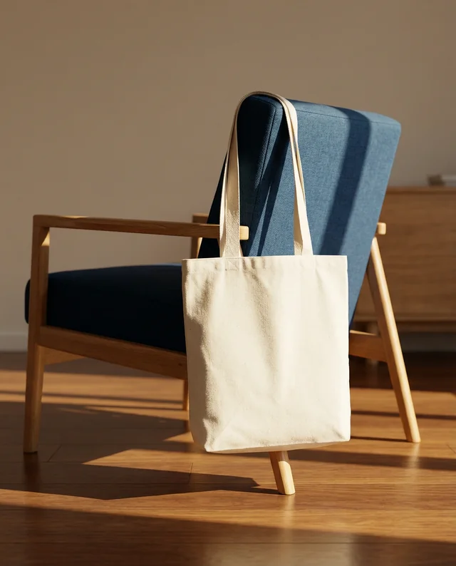 Minimalist Mockup of a Beige Tote Bag on a Chair