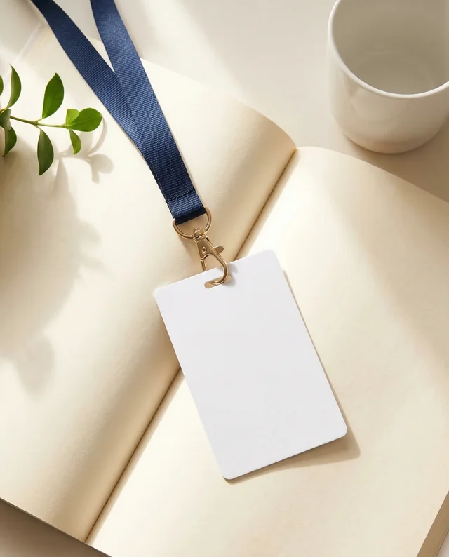 Blank ID Card Mockup with Navy Lanyard and Notebook
