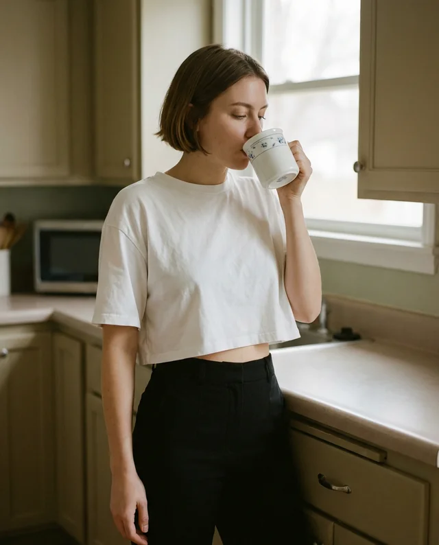 Cozy Kitchen Mockup Featuring Relaxed Woman in Crop Top
