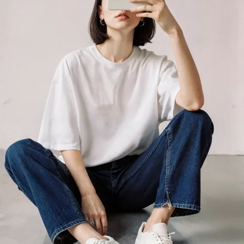 Stylish T-Shirt Mockup of a Young Woman Relaxing