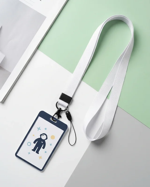 Stylish ID Badge Mockup with White Lanyard on Pastel Surface