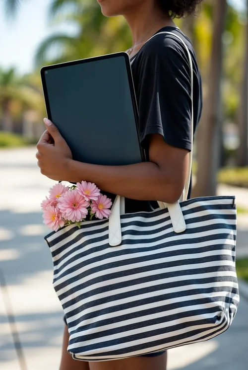 iPad Mockup: Stylish Woman with Tote Bag in Sunny Setting