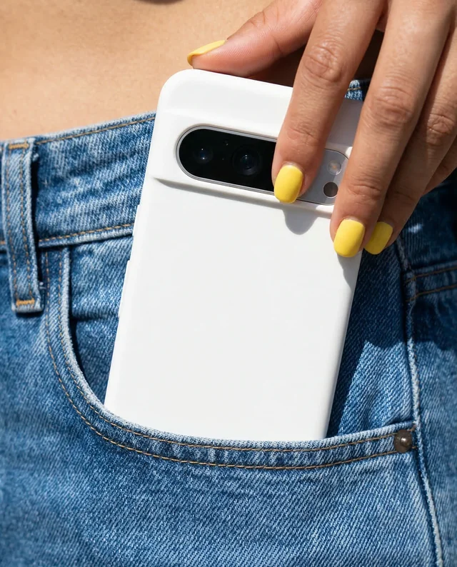 Stylish Phone Cover Mockup with Denim Pocket and Hand