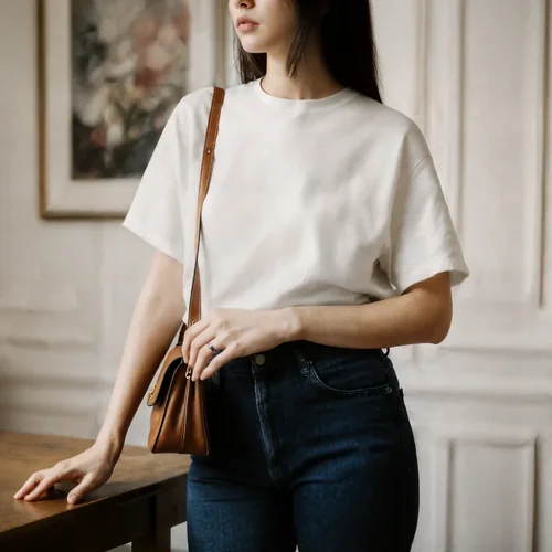 Stylish T-Shirt Mockup of a Young Woman in Minimalist Room
