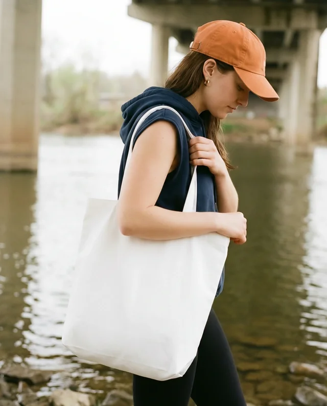 Stylish Mockup of a Tote Bag by a Serene River