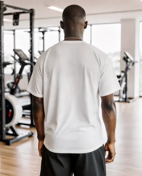 Muscular Man T-Shirt Mockup in Modern Gym Environment