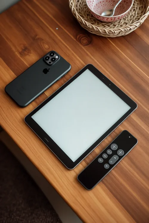 Modern iPad Mockup on Wooden Table - Minimalist Design