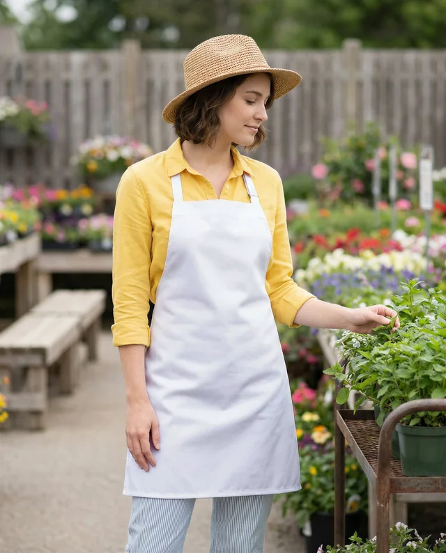 Young Woman in Apron Enjoying a Colorful Garden Mockup