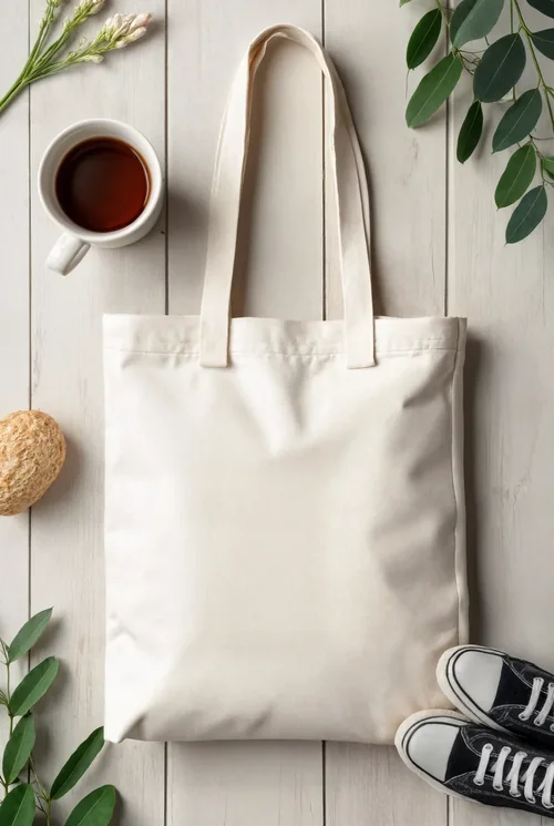 Stylish Mockup of Cream Tote Bag on Wooden Surface
