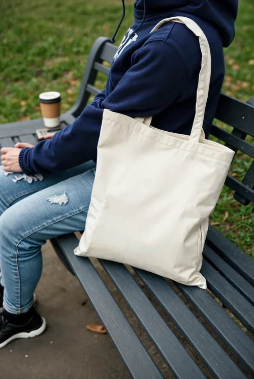 Stylish Mockup of a Cream Tote Bag on a Park Bench