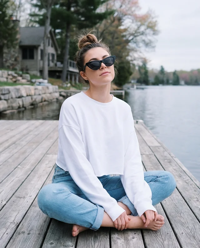 Serene Young Woman in Crop Top by Tranquil Lake Mockup