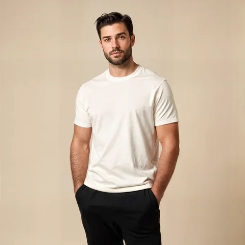 Mockup of T-Shirt Against Soft Beige Background with Colors