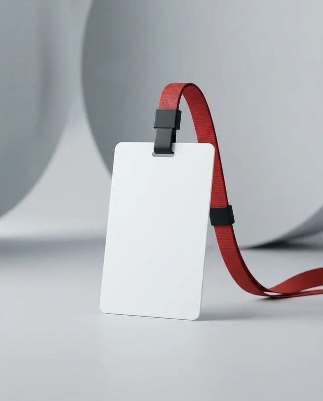 Modern ID Card Mockup with Red Strap and Black Clip