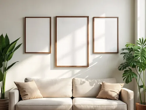 Cozy Living Room Mockup with Warm Colors and Poster Frames