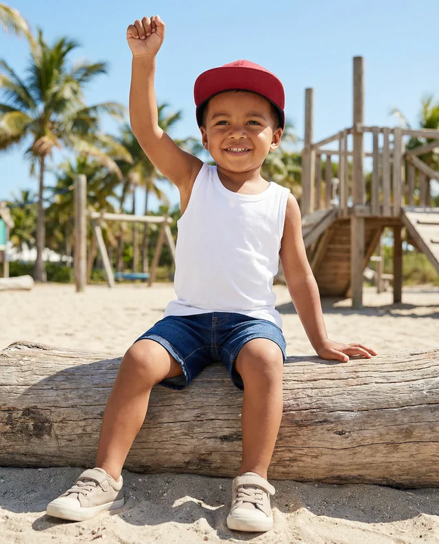 Cheerful Boy in Tank Top Mockup at Vibrant Beach Scene