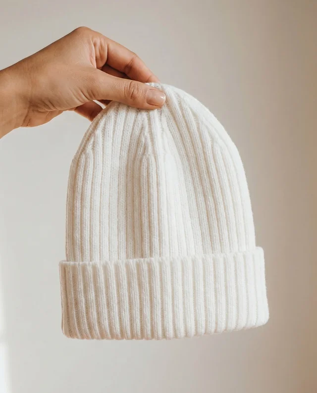 Cozy White Knit Beanie Mockup in Hand Close-Up