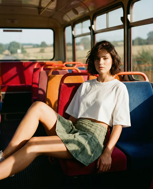 Casual Mockup of a Young Woman in a Crop Top on a Bus