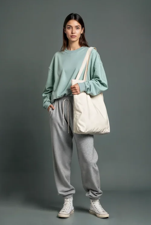 Stylish Mockup of a Tote Bag with Model in Pastel Outfit