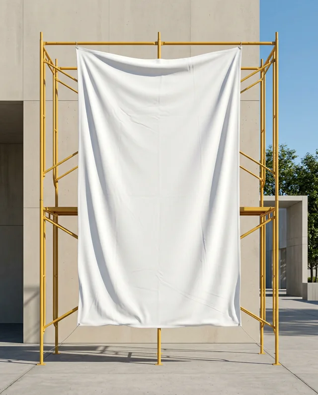 Elegant Mockup of Yellow Scaffolding with White Banner Fabric