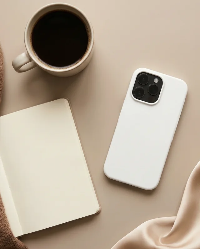 Minimalist Phone Cover Mockup with Coffee and Notebook