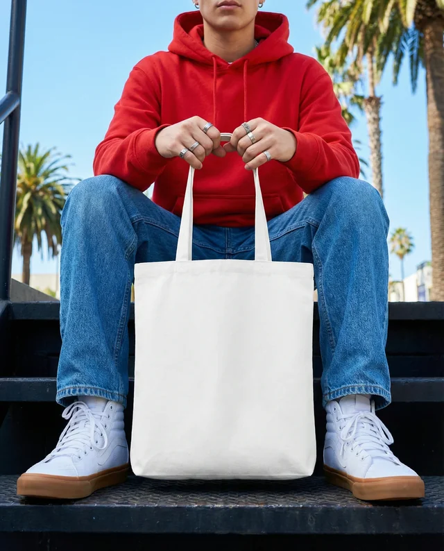 Stylish Mockup of a Casual Tote Bag in Urban Setting