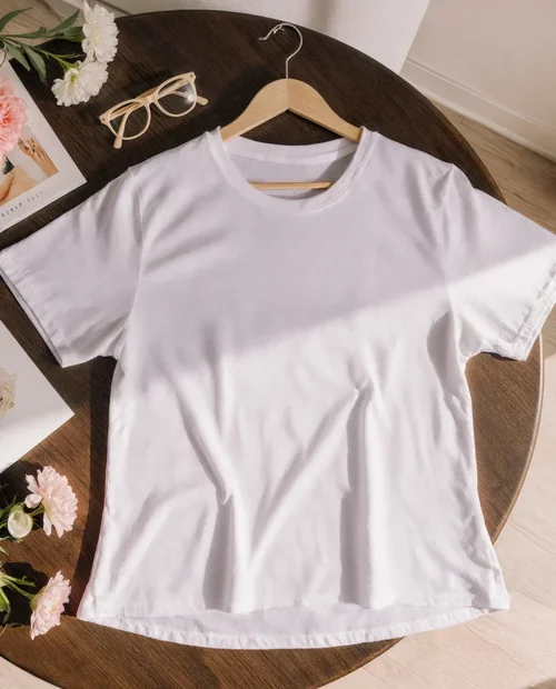 Stylish T-Shirt Mockup on Wooden Table with Accessories