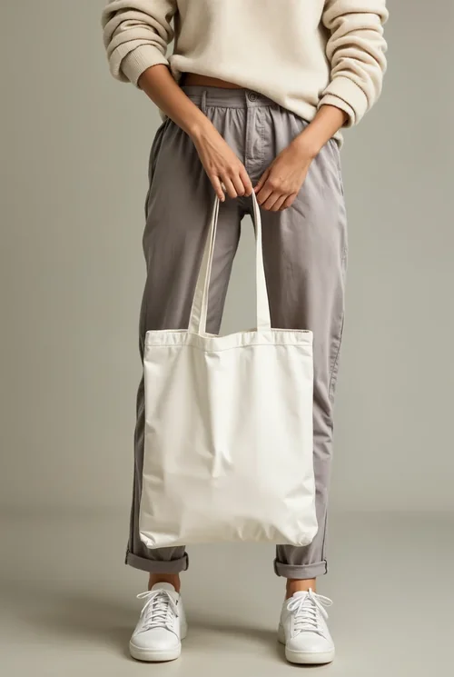 Mockup of Stylish White Cotton Tote Bag in Casual Setting
